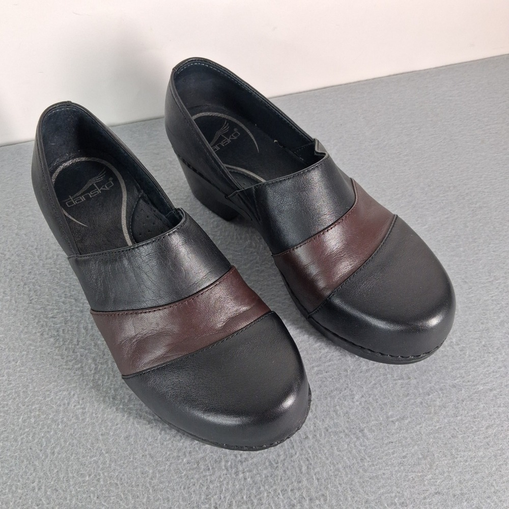 Dansko Two Tone Leather Clogs Mules Heels Women Size 37 Black Brown